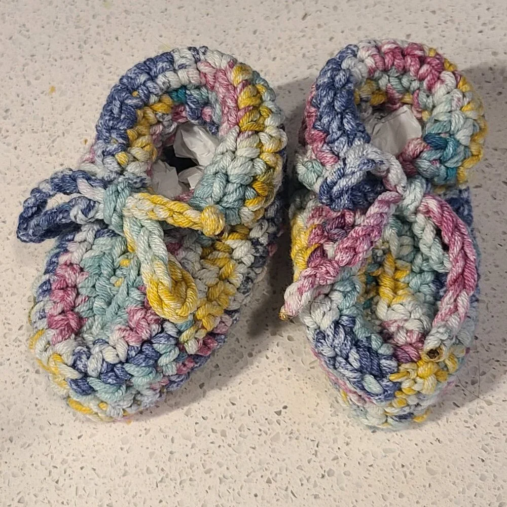 Multicolored Handmade Crocheted Baby Booties with adjustable tie